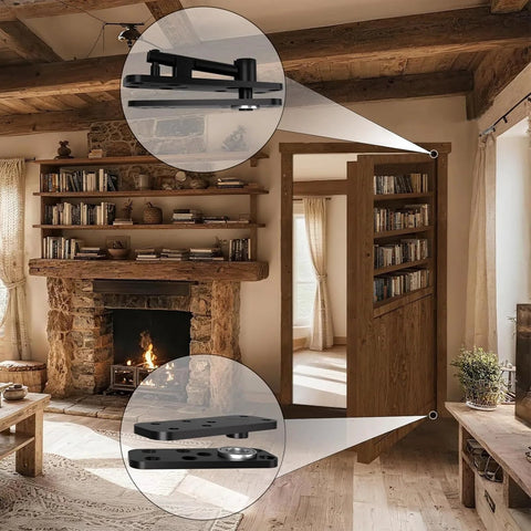 Installed Murphy bookcase door hinge set with concealed 360° pin, double bearing, black metal
