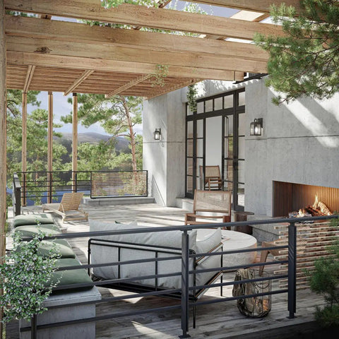 Porch Ready Farmhouse Outdoor Wall Lantern With Clear Glass Panes And Textured Black Finish on modern wooden patio
