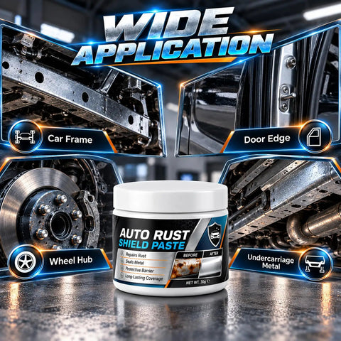 Hit The Garage And Fix That Rust Real Quick With Car Metal Rust Repair Paste And Brush 3 Pack shows rust repair application on car parts.