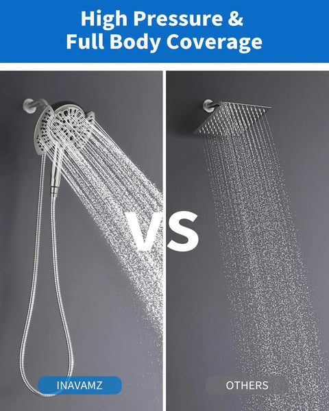 Comparison of No Fuss Dual Purpose Rainfall Shower Head And Handheld Combo providing high pressure water flow with flexible hose.