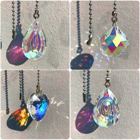 Rainbow Crystal Ceiling Fan Pull Chain Set, 4 Piece 20 Inch Length Alloy Bead Chains With Ball Connectors, showcasing crystal drops.