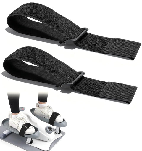 Two Pack Bike Pedal Straps For Stable Foot Retention Adjustable Leg Straps for ellipticals, showcasing secure fit on pedals with shoes.