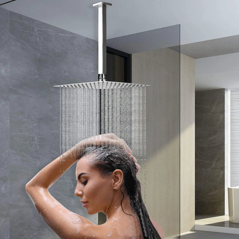 Rain Shower Head With Ceiling Arm, Square Stainless Steel 12 Inch Chrome Showerhead for Full Body Coverage in use
