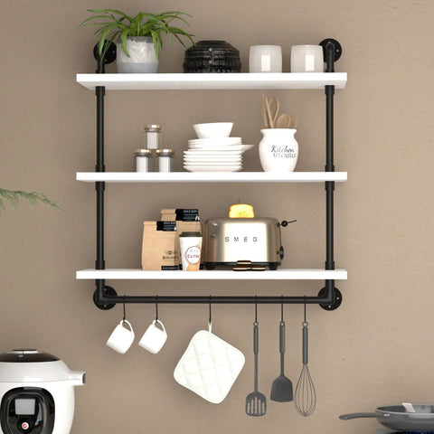 Industrial Pipe Shelving With Towel Rack 3 Tier 30 Inch Rustic White Floating Shelves displaying kitchen items and decor