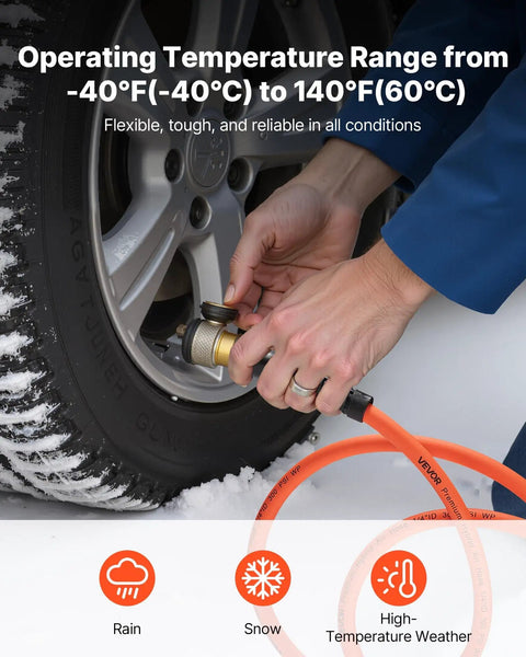 Person using Heavy Duty 1/2 Inch by 250 Foot Air Hose, 300 PSI, Hybrid PVC Rubber Construction in cold weather on tire