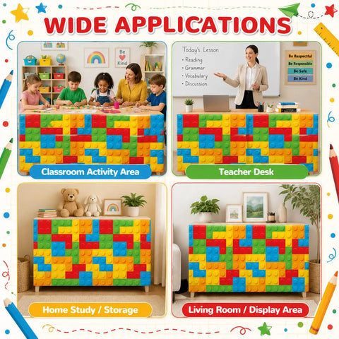 Wide applications of the 9 Foot Building Block Table Skirt for teachers desks and classroom workstations in colorful settings.