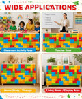 Six Foot Building Block Table Skirt With Bold Primary Bricks For Teacher Desk And Classroom Tables covering activity areas and desks.