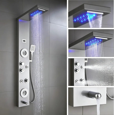 Straight Up Premium Stainless Steel Shower Panel Tower With Led Waterfall Shower Head And 6 Function Bathroom Faucet Featuring Body Jets In Brushed Nickel, showing LED water flow and controls.