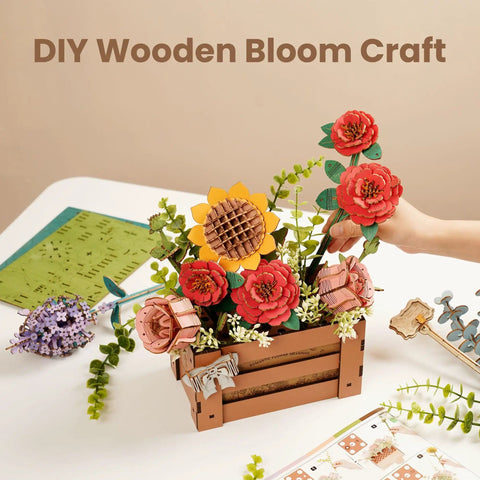 3D Wooden Bloom Box Puzzle Desktop Bouquet Kit For Adults in progress, intricately carved flowers arranged in wood craft set.