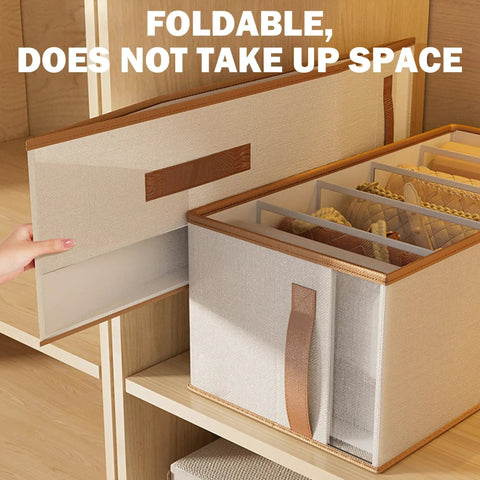 Fabric Drawer Organizers 4 Pack With Ventilation Mesh And Five Grid Layouts To Keep Your Knitwear And Casual Threads From Getting Bunched Up And Staying Smooth In Beige, foldable storage bin opened.