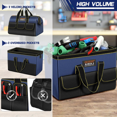 Two Pack Tool Bag Set 14 Inch And 16 Inch Portable Tool Bags With Wide Mouth And Multiple Pockets For Easy Tool Organization In Home Garage DIY Projects Pro Grade Durable Tote For Men And Women blue-black fabric tool bags with pockets