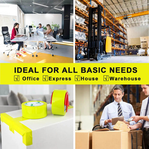 Collage showing Heavy Duty Light Yellow Packing Tape Refills, 2.5 Mil Thick, 63 Mic Adhesion in office, warehouse, and packaging settings.
