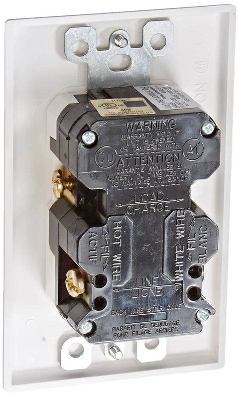 Back view of Decora Plus Duplex Surge Suppressor Receptacle 15 Amp 125 Volt Straight Blade, Industrial Grade Top-Notch Surge Guard 5280-W White