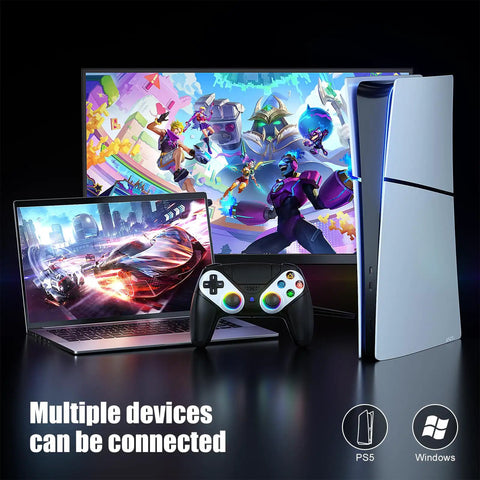 RGB Wireless Gamepad For PS5 PC And Mobile With Turbo Macro Dual Vibration next to PS5 and laptop displaying games