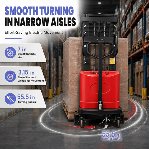 Serious 3300 Lb Warehouse Pallet Stacker With 95 Inch Lift Height, Powerful 1.6KW Motor And Smooth Walkie Operation For Busy Forklift Jobs showcasing smooth turning in narrow aisles.