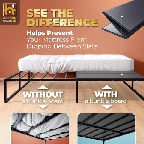 Comparison of mattress support with and without Heavy Duty Bunkie Board King Size With Non Slip Grip Base.