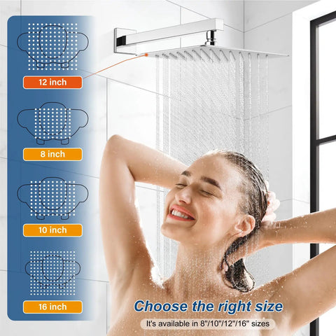 Polished Chrome 12 Inch Square Rain Shower System With Wall Mount High Pressure Rain Shower Head Handheld Sprayer And Rough In Valve With Trim Included For An Easy DIY Bathroom Upgrade viewed showering in use