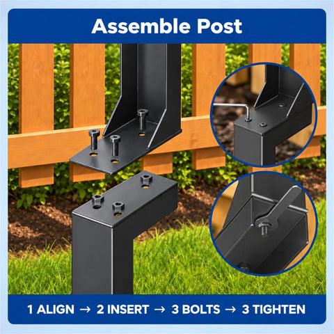 Assemble post with heavy duty black steel stakes, demonstrating alignment and bolting for fence reinforcement.