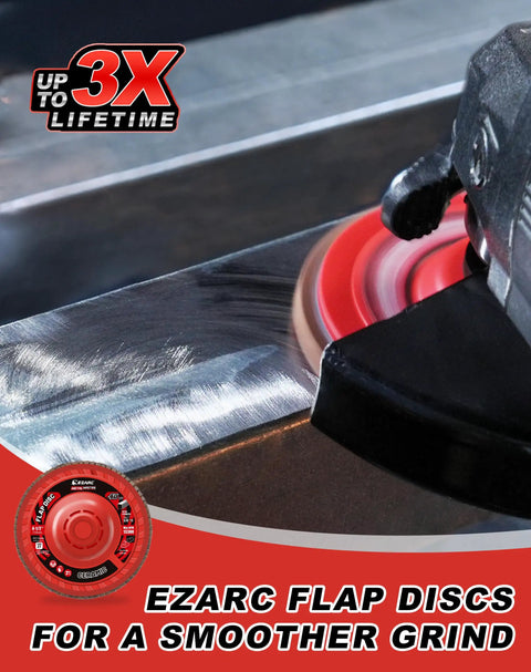 Heavy Duty Ceramic Flap Discs 40 Grit Type 27 4 1/2 X 7/8 Inch Arbor 5 Pack in action on metal surface grinding.