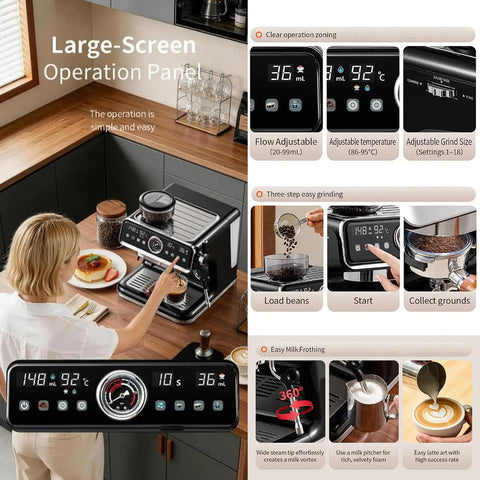 Fully Automatic Espresso Coffee Maker With Built In Grinder, 20 Bar Food Grade Bean To Cup System For Double Cup Lattes showing large-screen operation panel.