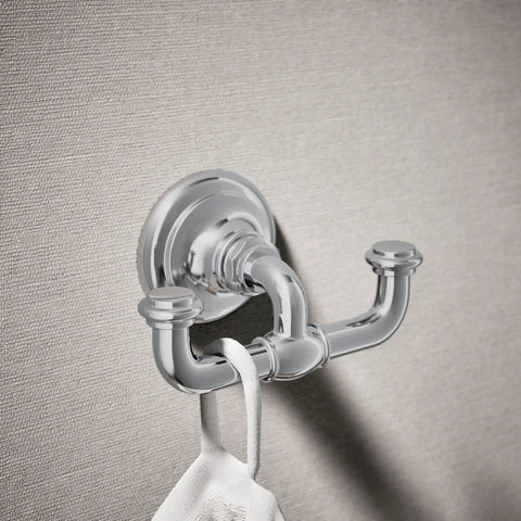 Artifacts Double Robe Hook Polished Chrome Heavy Duty Metal Bathroom Hardware With Extra Storage on wall holding towel