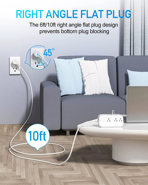 10FT Surge Protector Power Strip With 65W USB C PD And 30W USB C Fast Charging 6 Outlets And 3 USB Ports Flat Plug use