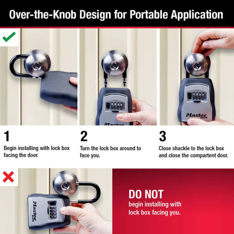 Instructions for installing Four Pack Key Lock Box With Code For Realtors And Property Managers Outdoor Key Safe Keeps Five Keys Four Digit Combination Resettable Ideal For Short Term Rentals And Landlords on a doorknob.