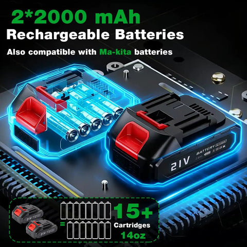 21V 2000mAh rechargeable battery pack for Cordless Grease Gun 12000 PSI Kit, showing battery compatibility and features.