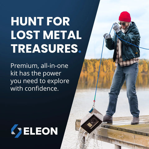 Magnet fishing kit in use: man lifts metal box from lake with blue rope; dock and ELEON logo visible.