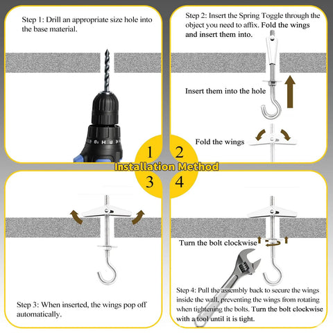 Installation guide for Heavy Duty Steel Toggle Bolts With Swag Hooks For Drywall Mounting, showing steps with drill and toggle setup.