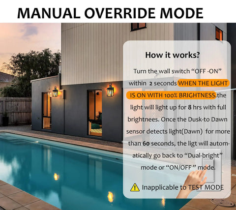 Motion Sensor Outdoor Wall Lantern With Dual Bright Modes For Entryway Porch Balcony Or Garage, E26 Filament LED Bulb Included, Oil Rubbed Bronze Finish, Weatherproof Outdoor Lighting illuminating a backyard pool area.