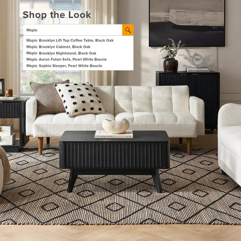 Top Shelf Modern Lift Top Coffee Table With Sleek Fluted Paneling And A Game Changing Pull Up Desktop Plus Hidden Storage Compartment In Durable Black Oak Finish in living room setting.