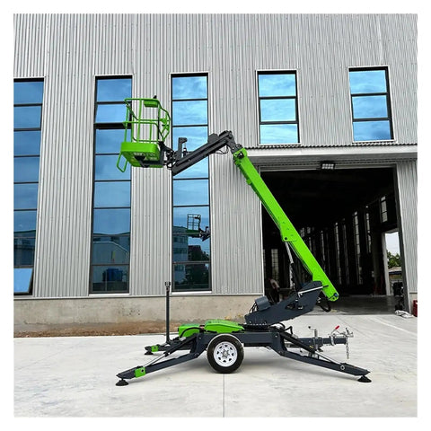 Trailer Mounted Articulating Telescopic Boom Lift Cherry Picker Spider Aerial Work Platform Towable Job Site in green.