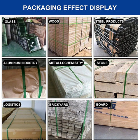 Packaging effect display showcasing various materials secured with strapping, including glass, wood, and stone. Heavy Duty Electric Strapping Tool For 13 To 16 Mm Pp Pet Bands Build Tough Dual Motor Powerhouse Quick Charge All Day Juice Smooth Operator Crushes Tough Warehouse Packing And Outdoor Logistics Jobs Zero Fuss Daily.