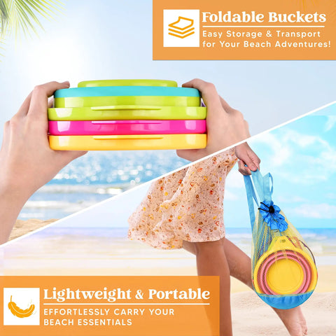 Hands holding stacked 3 pack foldable beach buckets with shovels and mesh backpack for kids and toddlers in pink, purple, green