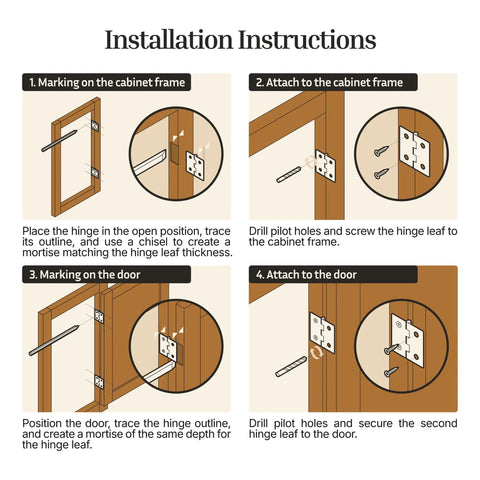 Installation instructions for Antique Brass Butt Hinges For Cabinet Doors And Wooden Boxes 1.5 Inch Square with detailed steps.