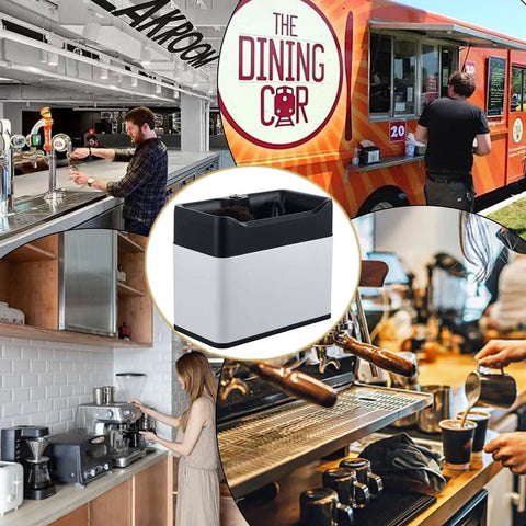 Reliable Automatic Electric Coffee Knock Box Engineered For Hassle-Free Espresso Filter Washing With Fast Puck Ejection and Solid Catch Tray displayed in coffee shop settings.