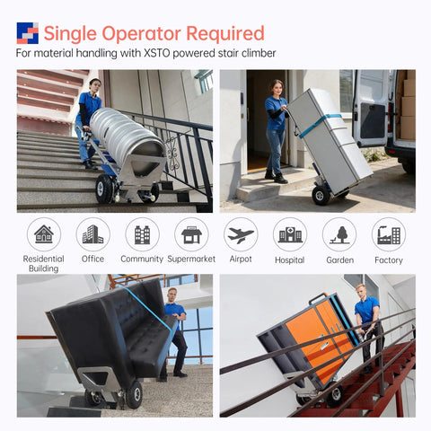 Powerhouse Electric Stair Climbing Dolly Hand Truck With Auto Brake And Four Hundred Sixty Three Pound Capacity maneuvering a sofa upstairs.