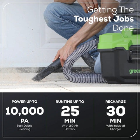 Person using Cordless 40V 3 Gallon Wet Dry Shop Vacuum With Extras, 450W Suck Power, 67 CFM Air Flow, on garage floor