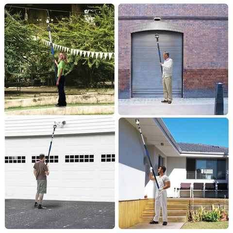 Rock Solid Telescopic Light Bulb Changing Pole With Strong Suction Grip And Swappable Baskets For High Ceilings shown in various outdoor settings.