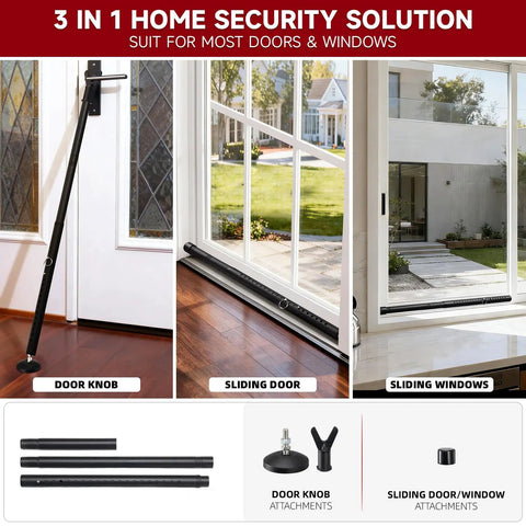 Two Pack Heavy Duty Metal Door Security Bars Adjustable For Hinged And Sliding Glass Doors Non Slip Base shown at door and window.