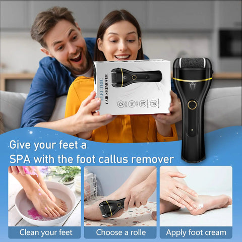 Couple excitedly holding the Waterproof Electric Foot Callus Remover With Three Roller Heads Two Speed Settings Battery Display At Home 17 In 1 Rechargeable Pedicure Kit