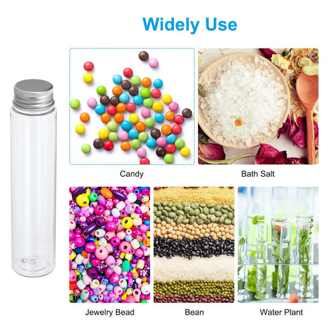 110ml Clear Flat Bottom Test Tubes With Silver Caps Pack Of 60 Plastic PET Storage Containers for beads, candy, bath salts, and plants