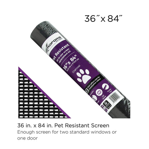 DIY Door And Window Screen Repair Kit 36x84 Inches Charcoal Mesh With Spline And Rolling Tool package, pet-resistant screen