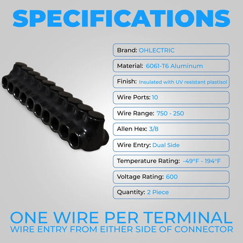 Rock Solid Dual Entry Wire Connectors With Ten Heavy Duty Ports And Slick Black Vinyl Protective Sleeve For Copper Or Aluminum Wiring Straight Up Reliability Terminal Block Pack Of Two specifications with black finish and aluminum details.