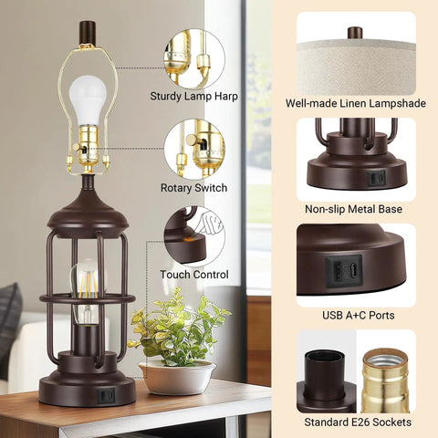 23 Inch Rustic Industrial Table Lamps Set Of 2 With USB A And C Ports Farmhouse Bedside Lights With Night Light and Dimmable Touch Control