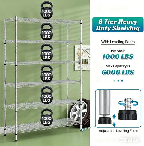 Beefy 6-Tier Wire Shelving Unit With Wheels, 6000 lb Capacity Steel Rack for Garage and Shop, Adjustable NSF Shelves, Black Finish, 48L X 18W X 72H, Quick Snap Assembly No Tools Required, 6-tier rack with leveling feet