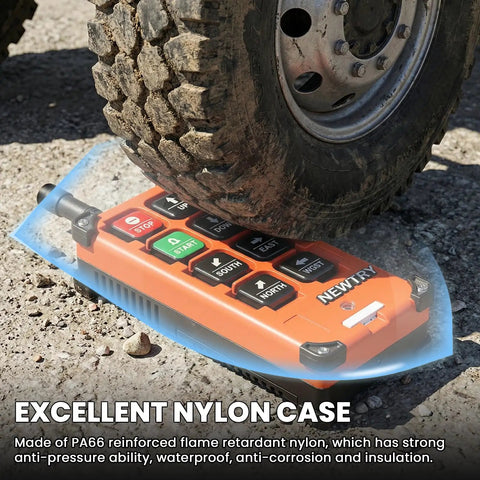 Eight Button Wireless Crane Remote Control for 12V Lift with PA66 nylon case subjected to weight test under vehicle tire