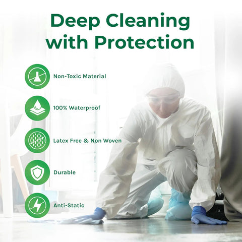 Top Shelf Heavy Duty Waterproof Disposable Coveralls With Hood Zippered Closure Elastic Cuffs Built Tough Full Body Shield Work Gear For The Grind 50 Pack, worker cleaning floor in protective suit.