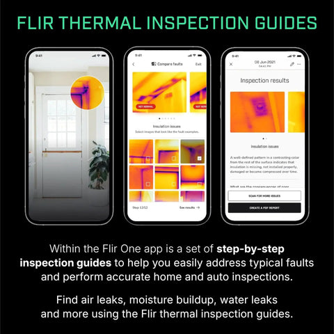 FLIR thermal inspection guides displayed on smartphone screens, showcasing app features for detecting heat signatures and faults.